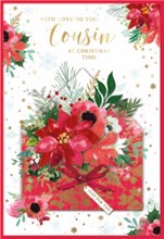 Cousin Christmas Card - Red Flowers inside Envelope with Gold Foil 7.5x5.5"
