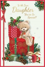 Daughter Christmas Card - Bear & Robin Sat on Gift Box Holly Pinecones Foil 9x6"