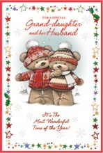 Granddaughter & Husband Christmas Card - Bears in Jumpers Hats & Red Foil 9x6"