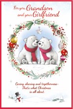 Grandson & Girlfriend Christmas Card - Polar Bears in Mistletoe Circle Foil 9x6"