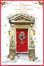 Grandson & Partner Christmas Card - Wreath on Red Door with Gold Foil 9x6"
