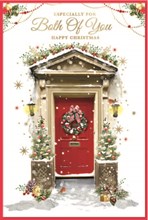 Both of You Christmas Card - Wreath on Red Door with Gold Foil 9x6"
