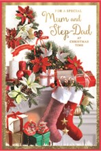 Mum and Stepdad Christmas Card - Stockings Poinsettia on Fireplace Gold Foil 9x6