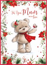 Mum Christmas Card - Bear with Robin Poinsettia Flower Border Red Foil 9.75x7"