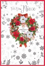 Niece Christmas Card - Red & White Floral Wreath Silver Foil Snowflake 7.5x5.25"