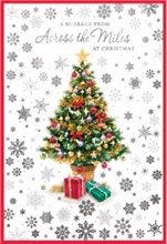 Across The Miles Christmas Card - Xmas Tree and Silver Foil Snowflakes 7.5x5.25"