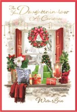 Daughter-in-Law Christmas Card - Window Seat & Wreath with Gold Foil 7.5x5.25"