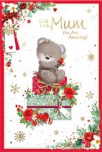 Mum Christmas Card - Cute Bear Sat on Presents with Roses & Gold Foil 9x6"