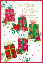 To Both of You Christmas Card - Red Green Gold Foil Presents & Holly 7.5x5.25"