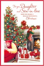Daughter & Son-in-Law Christmas Card -  Xmas Tree and Fireplace Red Foil 9x6"