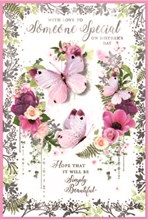 Someone Special Mother's Day Card - Pink Flowers Butterflies and Silver Foil 9x6