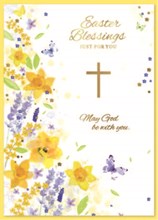 Easter Religious Blessings Card - Yellow Purple Flowers with Cross and Foil 7x5"