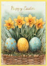 Happy Easter Card - Daffodil Flowers and Painted Eggs with Gold Foil 7x5"