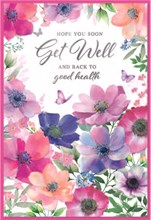 Get Well Soon Greetings Card - Butterflies Flowers with Silver Foil 7.75x5.25"