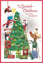 Grandchildren Christmas Card - Penguins Decorating Tree with Red Foil 7.5x5.5"