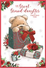 Great Granddaughter Christmas Card - Bear in Holly Gift Bag Red Foil 7.5x5.25
