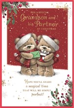Grandson & Partner Christmas Card - Bears in Santa Hats & Gold Foil 7.5x5.5