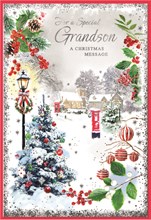 Grandson Christmas Card - Christmas Tree Village Scene and Silver Foil 7.5x5.25"