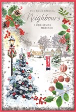 Special Neighbours Christmas Card - Xmas Tree Village Scene Silver Foil 7.5x5.25