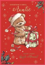 Auntie Christmas Card - Santa Bear Wrapping Gift and Gold Foil 7.5x5.25"