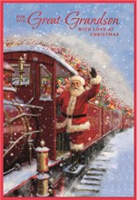 Great Grandson Christmas Card - Santa and Steam Train with Red Foil 7.25x5.5"