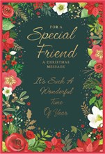 Special Friend Christmas Card - Green Background Flower Border Foil 7.5x5.25"