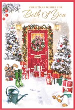 Both of You Christmas Card - Wreath & Garland on Door in Snow Gold Foil 7.5x5.25