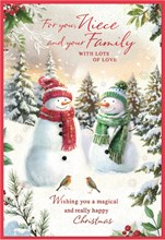 Niece & Family Christmas Card - Snowman Couple with Robins & Red Foil 7.5x5.25"