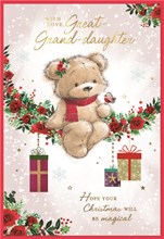 Great Granddaughter Christmas Card - Bear & Robin on Garland Gold Foil 7.5x5.25"