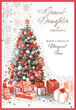 Granddaughter Christmas Card - Xmas Tree Gifts Snowflakes Silver Foil 7.5x5.25"