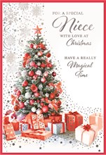 Niece Christmas Card - Xmas Tree with Gifts Snowflakes & Silver Foil 7.5x5.25"