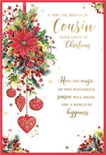 Cousin Christmas Card - Red Flowers Berries Baubles with Gold Foil 7.5x5.5"