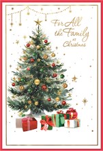 To All The Family Christmas Card - Xmas Tree Gold Red Green Baubles & Foil 7.5x5