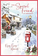 Special Friend Christmas Card - Post Box Outside Pub in Snow with Red Foil 9x6"