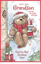 Grandson Christmas Card - Santa Bear Sat in Tree with Gifts and Red Foil 9x6"