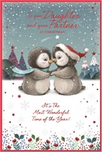 Daughter & Partner Christmas Card - Penguin Couple in Snow with Red Foil 9x6"
