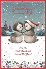 Grandson & Wife Christmas Card - Penguin Couple in Snow  with Red Foil 9x6"