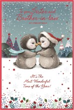 Sister & Brother-in-Law Christmas Card - Penguin Couple with Red Foil 9x6"