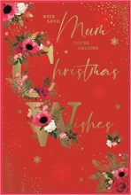 Mum Christmas Card - Red with Pink White Flowers and Gold Foil 9x6"