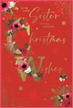Sister Christmas Card - Red with Pink White Flowers and Gold Foil 9x6"