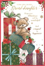Granddaughter Christmas Card - Bear & Red Rose Sat on Gift Boxes Gold Foil 9x6"