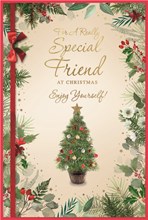 Special Friend Christmas Card - Xmas Tree with Holly Border Gold Foil 9 x 6"