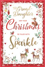Granddaughter Christmas Card - Deer Robin and Fox Flowers Hearts Gold Foil 9x6"