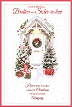 Brother & Sister-in-Law Christmas Card - Wreath on White Door with Red Foil 9x6"