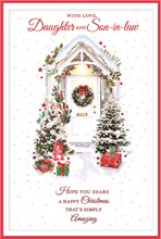 Daughter & Son-in-Law Christmas Card - Wreath on White Door with Red Foil 9x6"