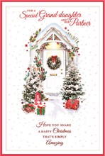 Granddaughter & Partner Christmas Card - Wreath on White Door with Red Foil 9x6"