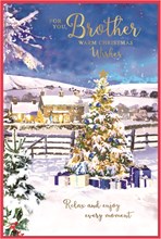 Brother Christmas Card - Xmas Tree in Snow with Blue Baubles Gold Foil 9x6"