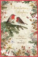 Open Happy Christmas Card - Red Robins on Tree with Holly Stars & Gold Foil 9x6"