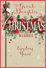Granddaughter Christmas Card with Insert - Red Pink Flowers with Red Foil 9x6"