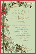 Dad & Partner Christmas Card - Holly Leaves Red Ribbon with Gold Foil Verse 9x6"